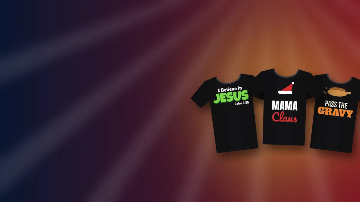Three black Dominion Tee Co shirts: I Believe in Jesus, Mama Claus and Pass the Gravy