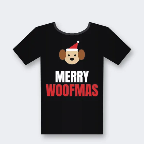 Merry Woofmas design on a black t-shirt